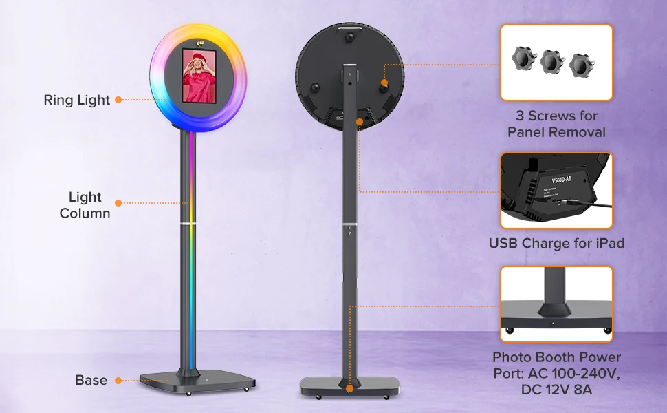 Xria XR-Q1V Portable iPad Photo Booth with Remote & APP Control | RGB Ring Light Selfie Booth Stand (B2B Rental Unit) - Image 7